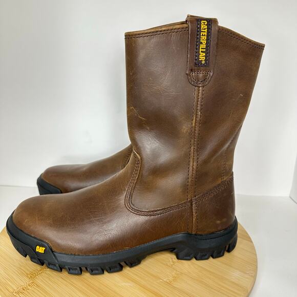 Caterpillar Drawbar Pull On Work Boots Steel Toe Brown Leather Mens Size 7.5 NEW